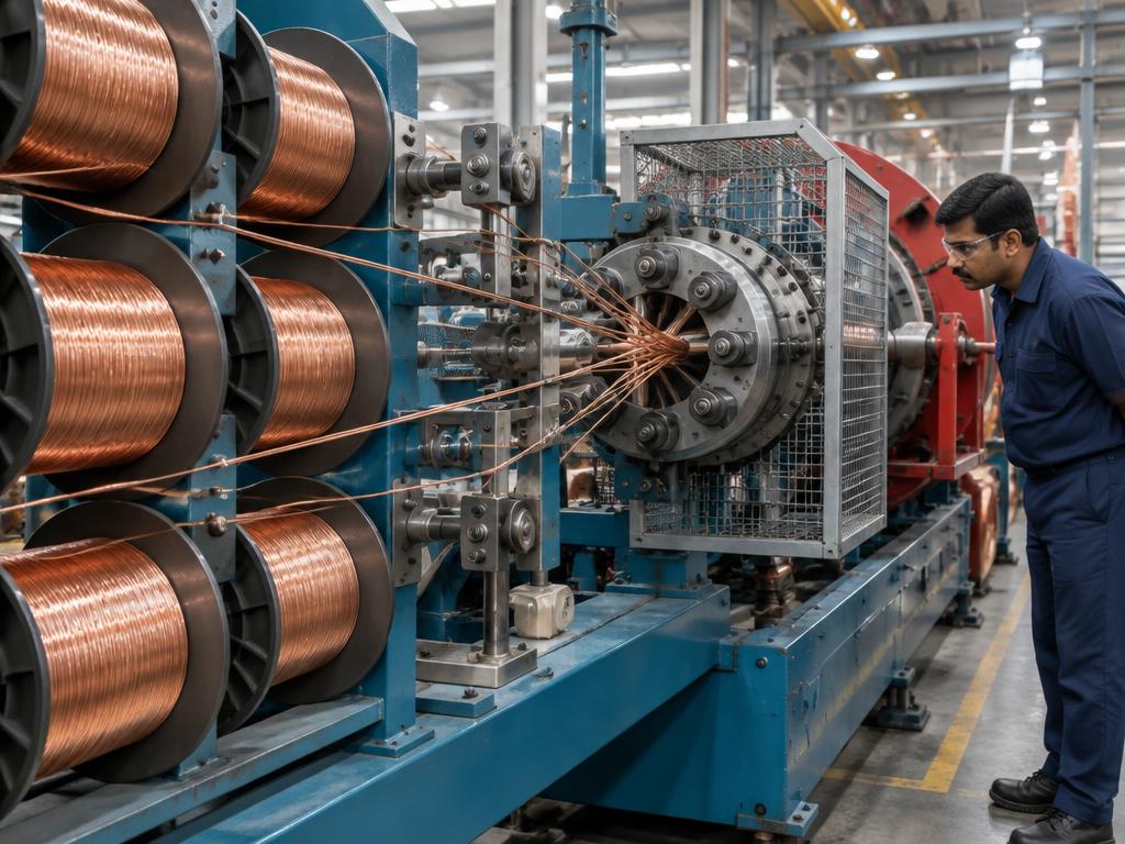 Illustrative technician inspecting copper reels and cable stranding machinery