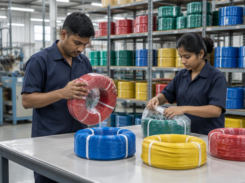 Illustrative Indian workers carefully inspecting and packing colored wire coils