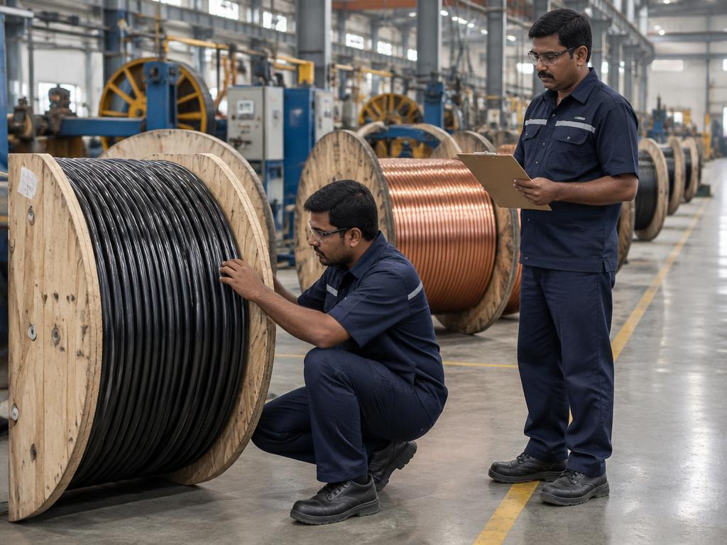 Illustrative Indian engineers inspecting a finished cable drum before dispatch