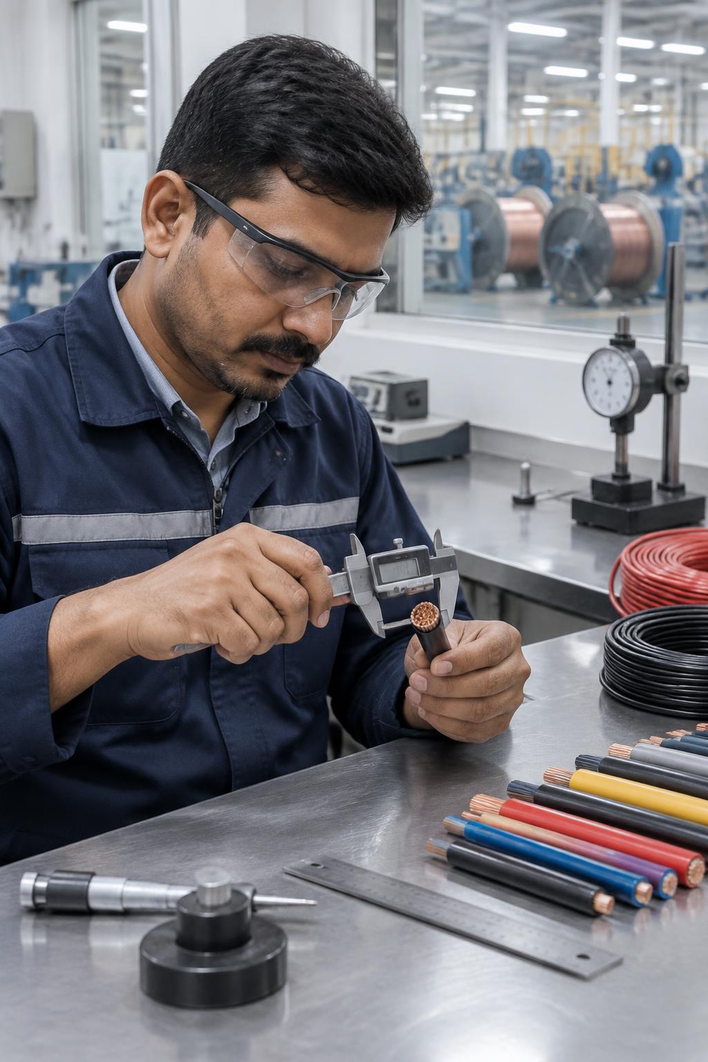 Illustrative Indian technician measuring a cable sample with a precision caliper