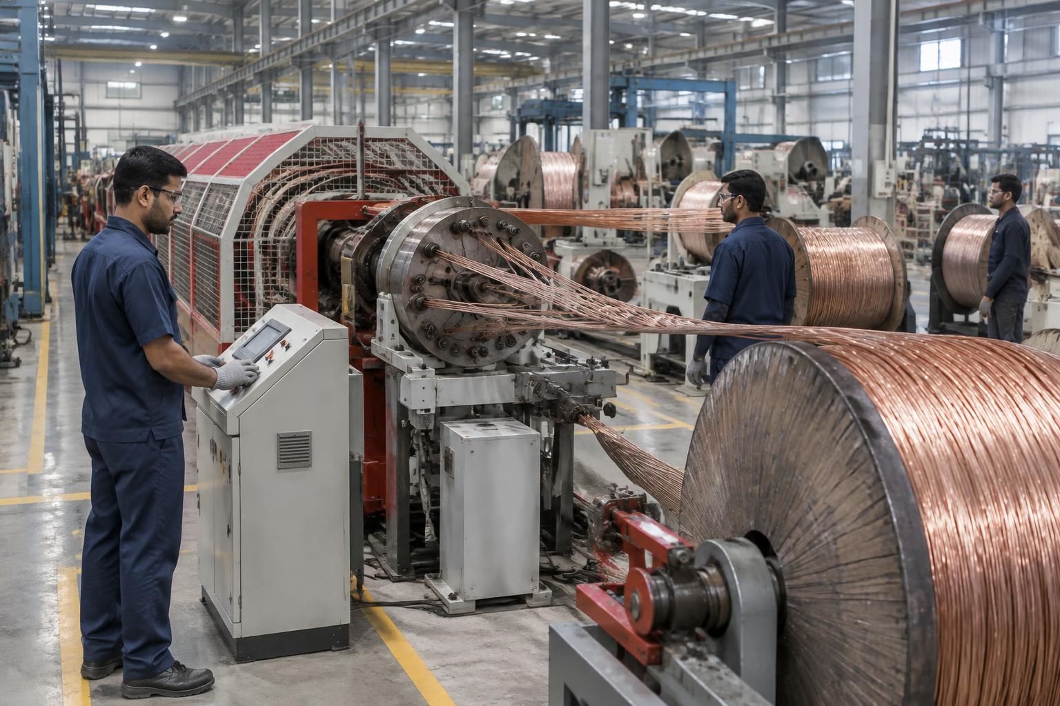 Illustrative Indian factory workers monitoring copper cable production machinery